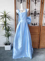 Princess Elegant Blue Square Neck Bow Satin Long Formal Prom Dresses