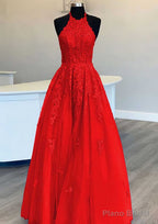 Princess Halter Long/Floor-Length Lace Tulle Prom Dresses With Appliqued Beading