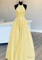 Princess Halter Long/Floor-Length Lace Tulle Prom Dresses With Appliqued Beading