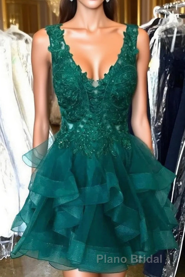 Princess Lace Appliques Dark Green Homecoming Dresses with Flounced,Short Formal Prom Dresses