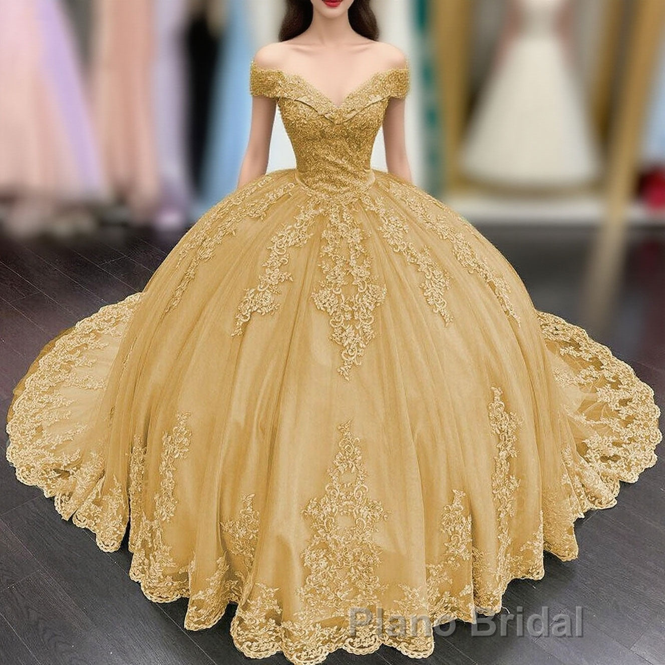 Princess Lace Off Shoulder Gold Quinceanera Dresses Applique With Bow