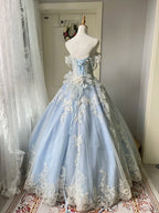 Princess Light Blue Lace Tulle Ball Gown Prom Dresses Sweet 16Th Dresses