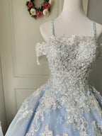 Princess Light Blue Lace Tulle Ball Gown Prom Dresses Sweet 16Th Dresses