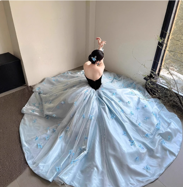 Princess Light Blue Sweetheart Neck 3D Butterfly Embellished Tulle Satin Long Formal Prom Dresses