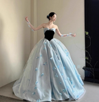 Princess Light Blue Sweetheart Neck 3D Butterfly Embellished Tulle Satin Long Formal Prom Dresses