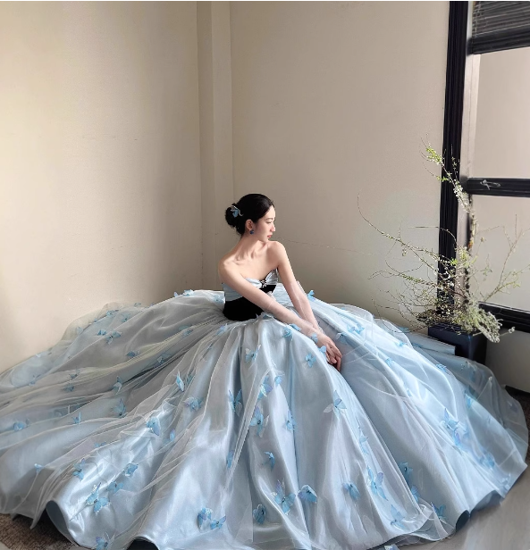Princess Light Blue Sweetheart Neck 3D Butterfly Embellished Tulle Satin Long Formal Prom Dresses