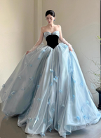 Princess Light Blue Sweetheart Neck 3D Butterfly Embellished Tulle Satin Long Formal Prom Dresses