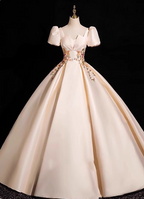 Princess Light Champagne Short-Sleeve Floral Embroidered Ball Gown Prom Dresses