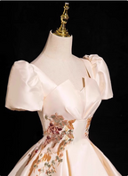 Princess Light Champagne Short-Sleeve Floral Embroidered Ball Gown Prom Dresses