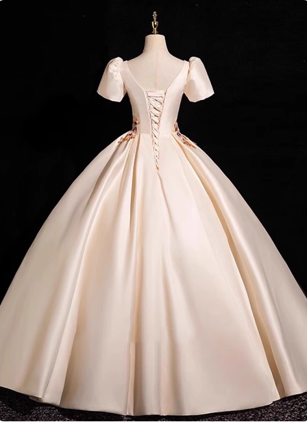 Princess Light Champagne Short-Sleeve Floral Embroidered Ball Gown Prom Dresses