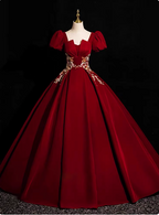 Princess Light Champagne Short-Sleeve Floral Embroidered Ball Gown Prom Dresses