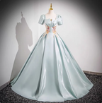 Princess Light Champagne Short-Sleeve Floral Embroidered Ball Gown Prom Dresses