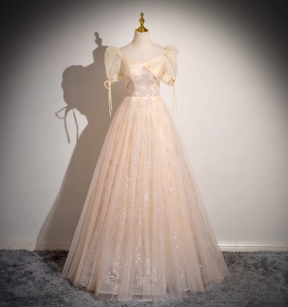 Princess Light Champagne Square Neck Puff Sleeve Bow Tulle Long Ball Gown Prom Dresses Sweet 16 Dresses Secondary image