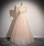 Princess Light Champagne Square Neck Puff Sleeve Bow Tulle Long Ball Gown Prom Dresses Sweet 16 Dresses