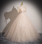 Princess Light Champagne Square Neck Puff Sleeve Bow Tulle Long Ball Gown Prom Dresses Sweet 16 Dresses
