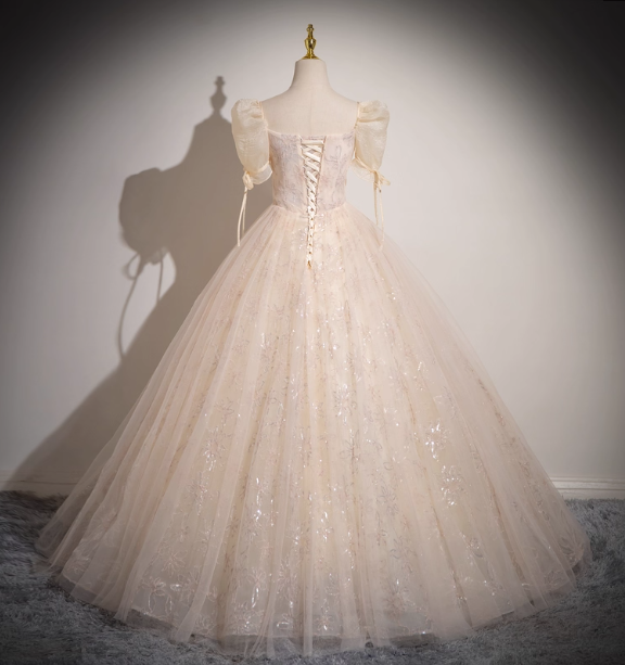 Princess Light Champagne Square Neck Puff Sleeve Bow Tulle Long Ball Gown Prom Dresses Sweet 16 Dresses