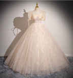 Princess Light Champagne Square Neck Puff Sleeve Bow Tulle Long Ball Gown Prom Dresses Sweet 16 Dresses