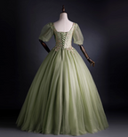 Princess Light Green Square Neck Puff Sleeve Gold Embroidery Tulle Ball Gown Prom Dresses Sweet 16 Dresses