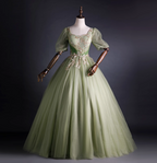Princess Light Green Square Neck Puff Sleeve Gold Embroidery Tulle Ball Gown Prom Dresses Sweet 16 Dresses