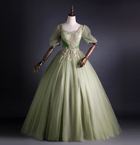 Princess Light Green Square Neck Puff Sleeve Gold Embroidery Tulle Ball Gown Prom Dresses Sweet 16 Dresses