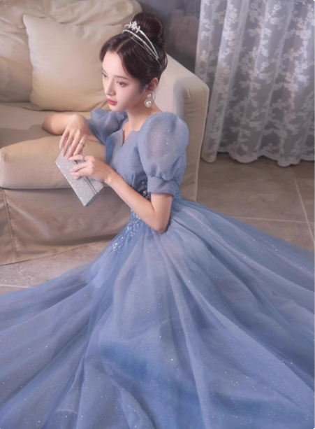 Princess Light Haze Blue Puff Sleeve A-Line Tulle Long Formal Prom Dresses