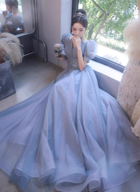 Princess Light Haze Blue Puff Sleeve A-Line Tulle Long Formal Prom Dresses