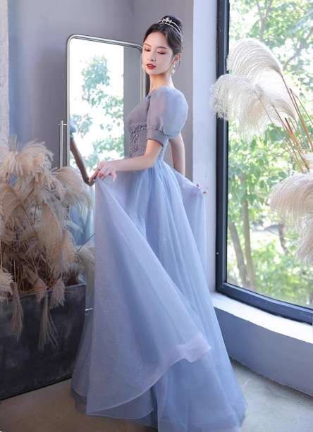 Princess Light Haze Blue Puff Sleeve A-Line Tulle Long Formal Prom Dresses