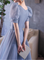 Princess Light Haze Blue Puff Sleeve A-Line Tulle Long Formal Prom Dresses
