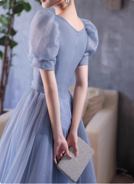 Princess Light Haze Blue Puff Sleeve A-Line Tulle Long Formal Prom Dresses