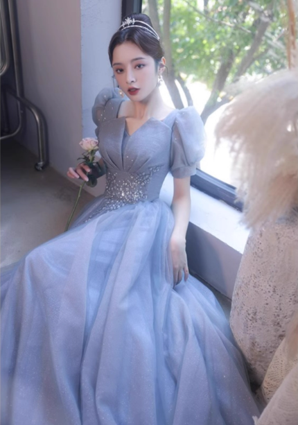 Princess Light Haze Blue Puff Sleeve A-Line Tulle Long Formal Prom Dresses Main image