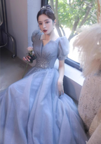 Princess Light Haze Blue Puff Sleeve A-Line Tulle Long Formal Prom Dresses