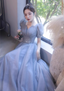 Princess Light Haze Blue Puff Sleeve A-Line Tulle Long Formal Prom Dresses