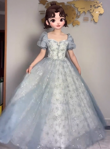 Princess Light Haze Blue Puffed Sleeve Embroidered Sequin Tulle Long Formal Prom Dresses Secondary image