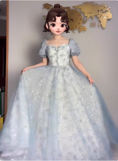 Princess Light Haze Blue Puffed Sleeve Embroidered Sequin Tulle Long Formal Prom Dresses