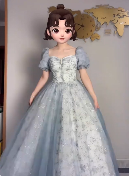 Princess Light Haze Blue Puffed Sleeve Embroidered Sequin Tulle Long Formal Prom Dresses