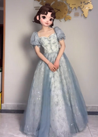 Princess Light Haze Blue Puffed Sleeve Embroidered Sequin Tulle Long Formal Prom Dresses