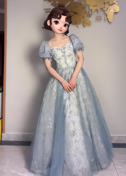 Princess Light Haze Blue Puffed Sleeve Embroidered Sequin Tulle Long Formal Prom Dresses