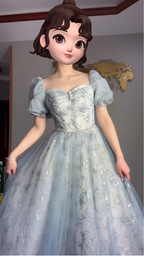 Princess Light Haze Blue Puffed Sleeve Embroidered Sequin Tulle Long Formal Prom Dresses