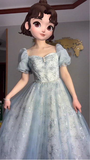 Princess Light Haze Blue Puffed Sleeve Embroidered Sequin Tulle Long Formal Prom Dresses