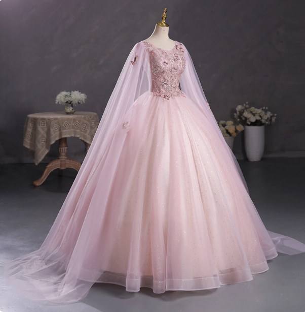 Princess Light Pink Crew Neck Cape Embroidered Tulle Ball Gown Prom Dresses Sweet 16 Dresses Secondary image