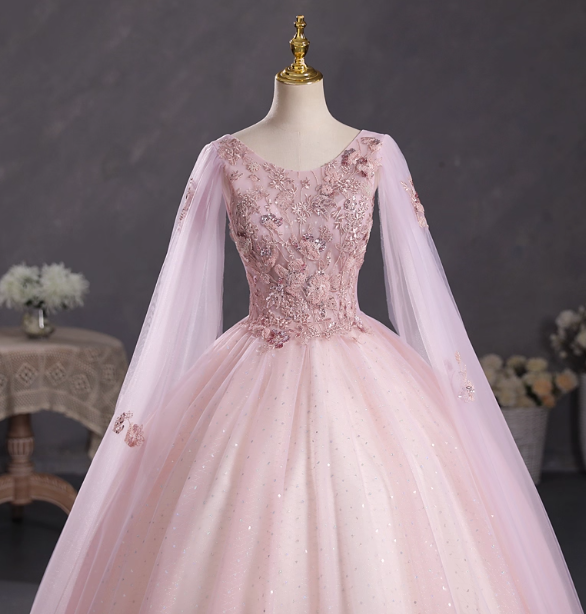 Princess Light Pink Crew Neck Cape Embroidered Tulle Ball Gown Prom Dresses Sweet 16 Dresses