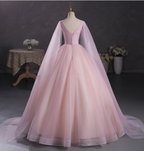 Princess Light Pink Crew Neck Cape Embroidered Tulle Ball Gown Prom Dresses Sweet 16 Dresses