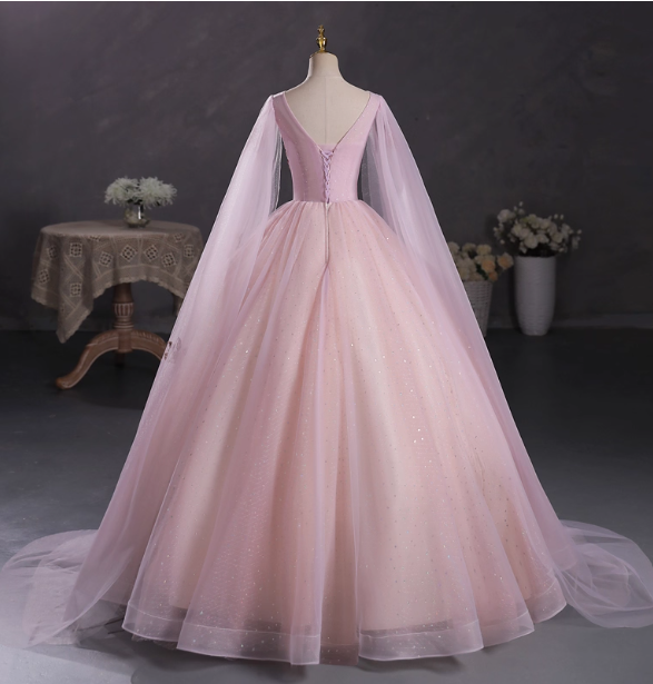 Princess Light Pink Crew Neck Cape Embroidered Tulle Ball Gown Prom Dresses Sweet 16 Dresses