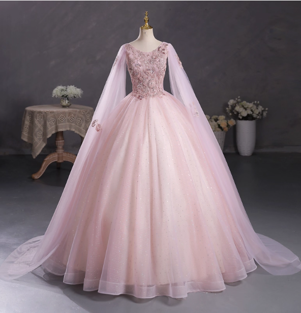 Princess Light Pink Crew Neck Cape Embroidered Tulle Ball Gown Prom Dresses Sweet 16 Dresses Main image