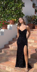 Black Shiny Elegant Princess Sequins Spaghetti Straps Long Ball Gown Formal Evening Dresses Party Dresses