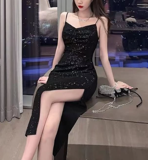 Black Shiny Elegant Princess Sequins Spaghetti Straps Long Ball Gown Formal Evening Dresses Party Dresses