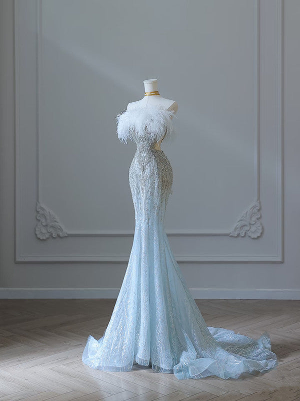 Princess Mermaid Strapless Neckline Long Sequin Light Sky Blue Long Wedding Dresses Brides Dresses