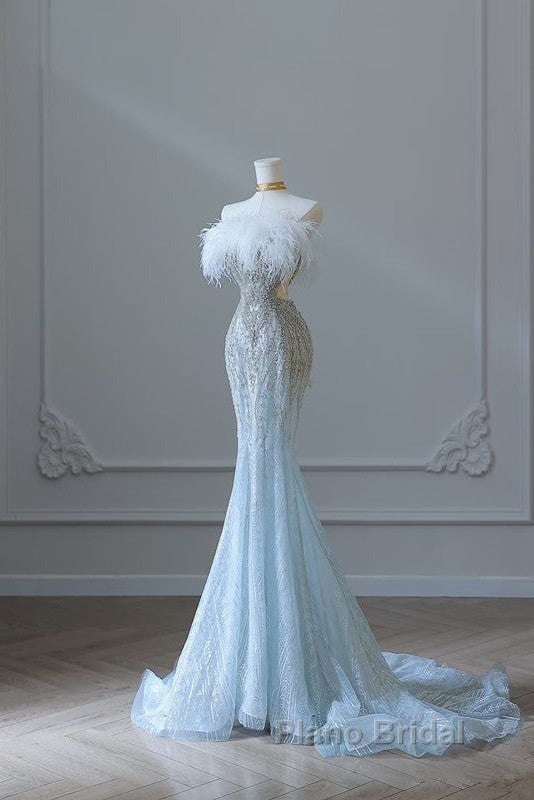 Princess Mermaid Strapless Neckline Long Sequin Light Sky Blue Long Wedding Dresses Brides Dresses