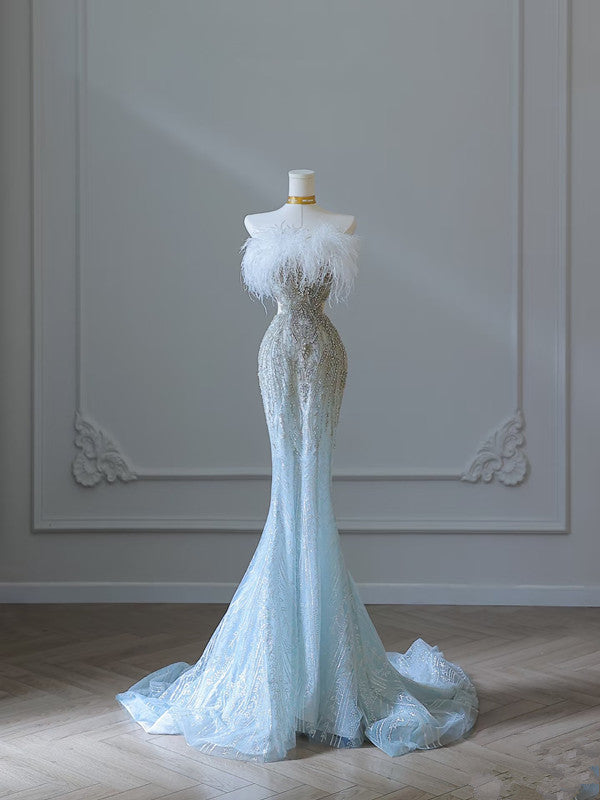 Princess Mermaid Strapless Neckline Long Sequin Light Sky Blue Long Wedding Dresses Brides Dresses Main image