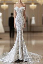 Princess Mermaid Strapless White Lace Long Wedding Dresses Brides Dresses